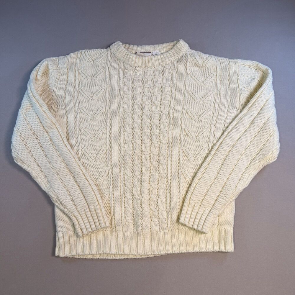 Vintage Sears Sweater Cable Knit Cream 80s Classic Crew Neck Pullover Large